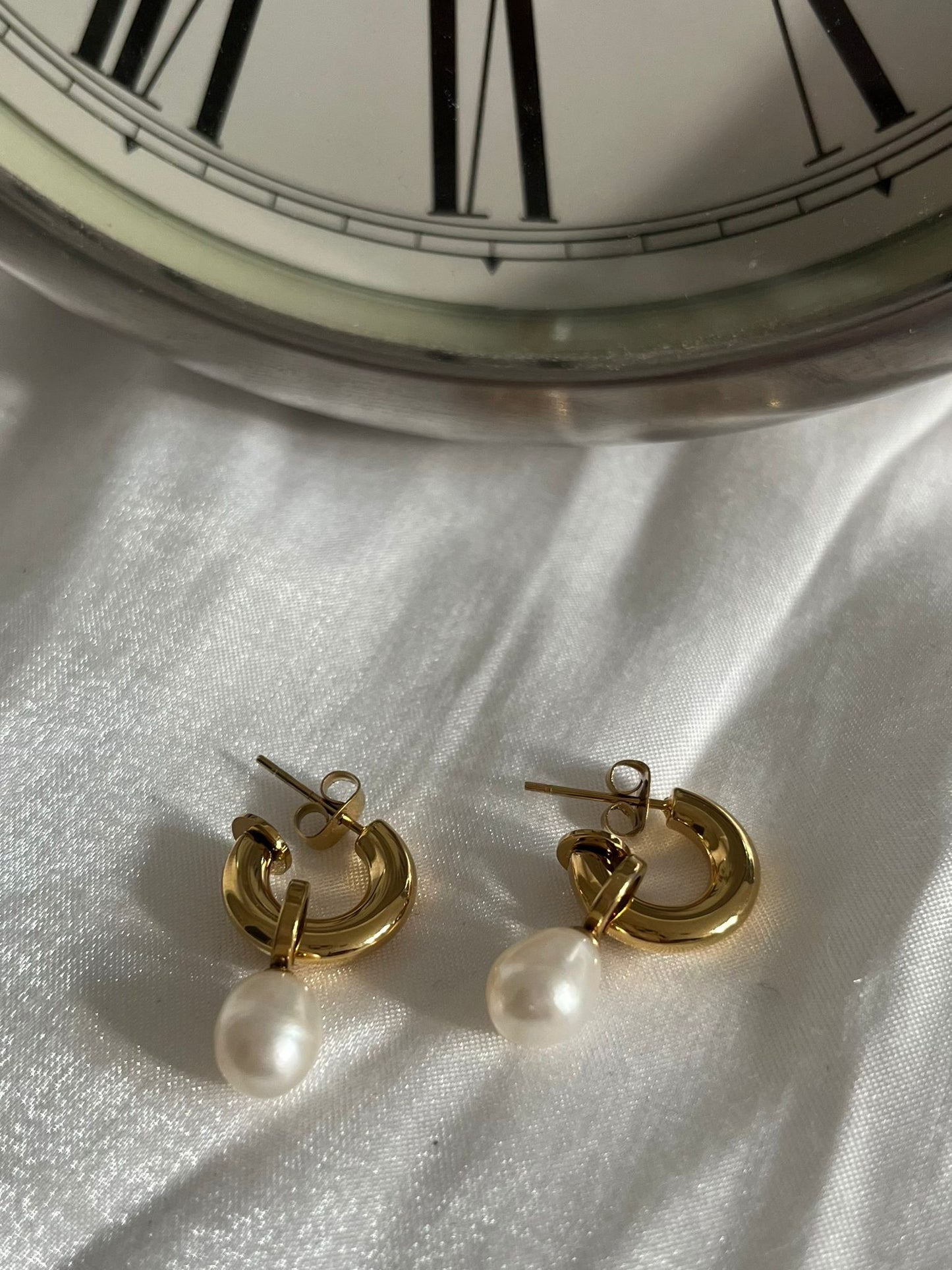 Hanging Pearl Huggies Earrings