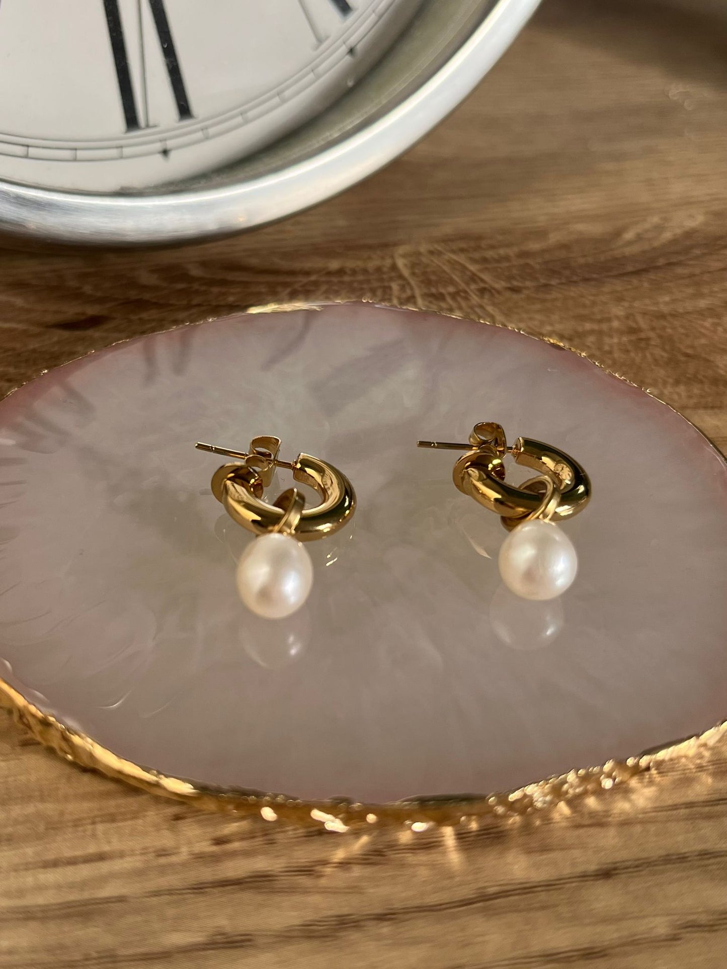Hanging Pearl Huggies Earrings