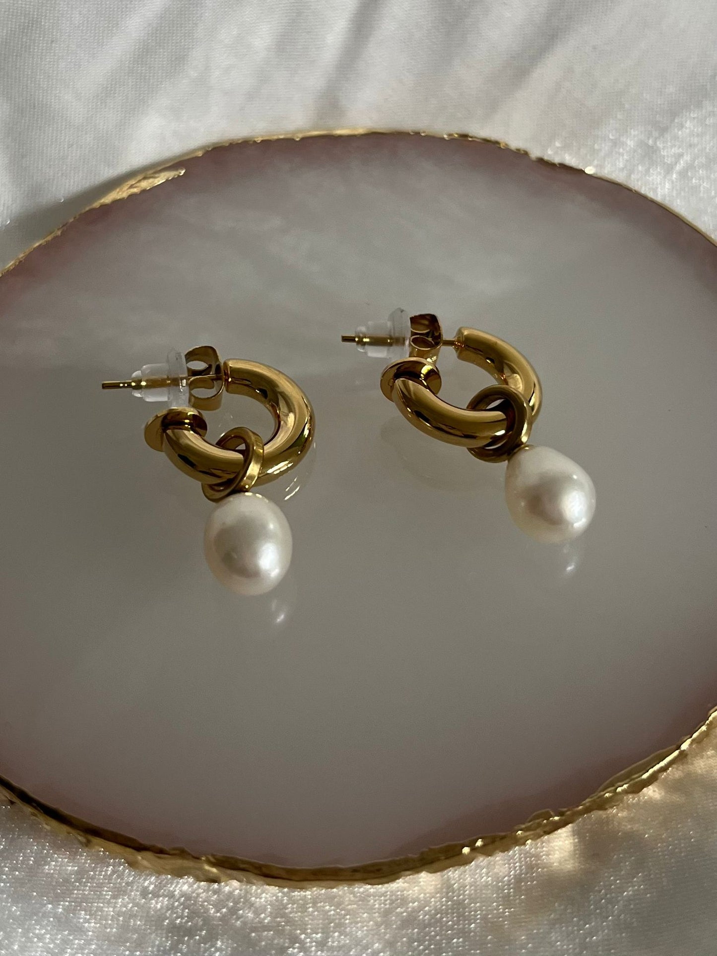 Hanging Pearl Huggies Earrings
