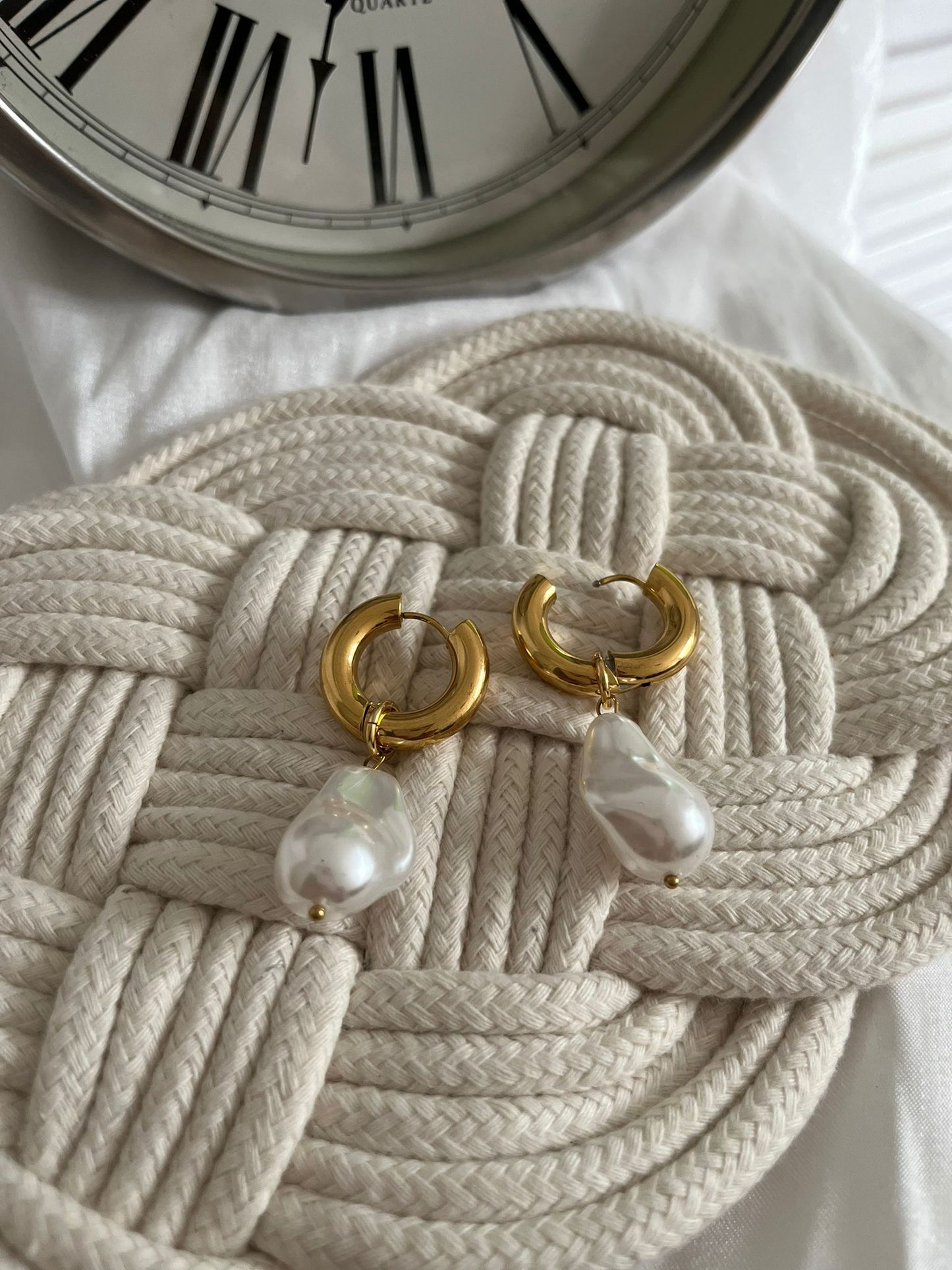 Large Hanging Pearl Huggies Earrings