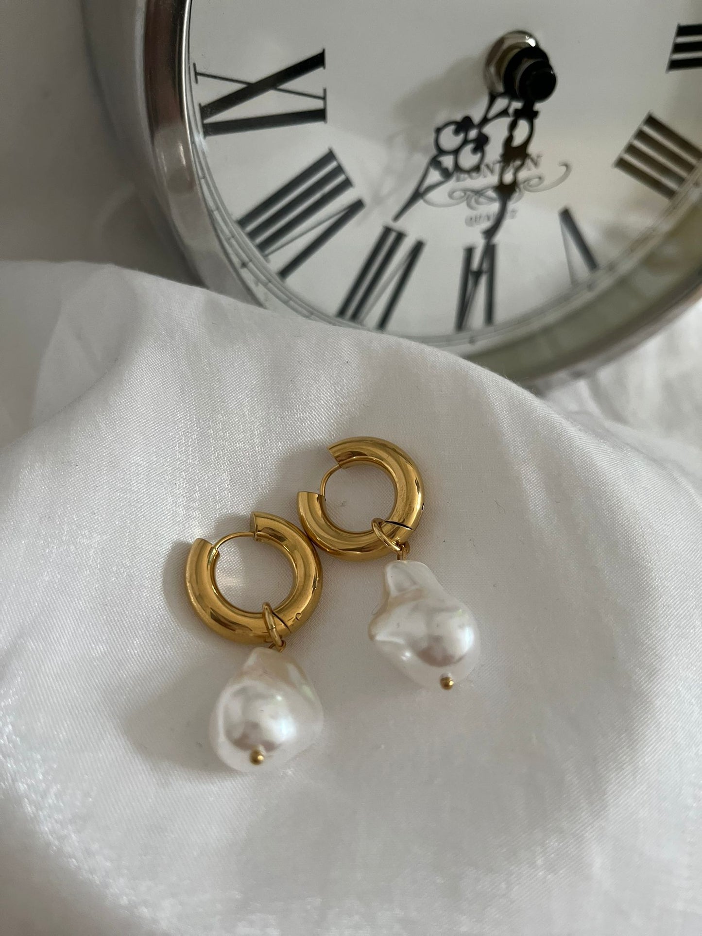 Large Hanging Pearl Huggies Earrings