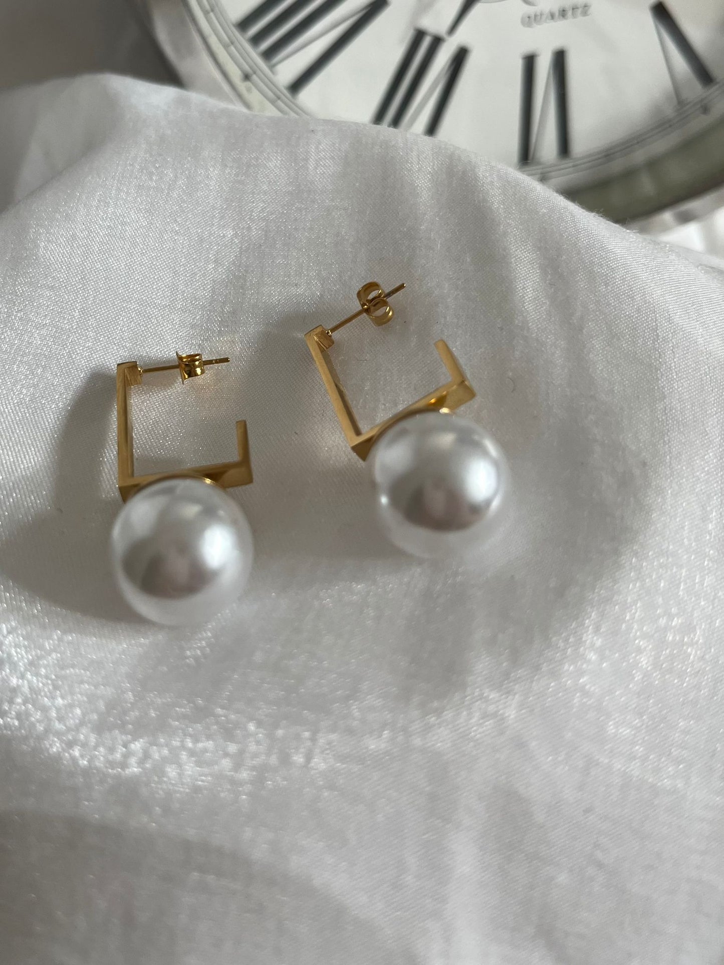 Rectangular with Pearl Earrings